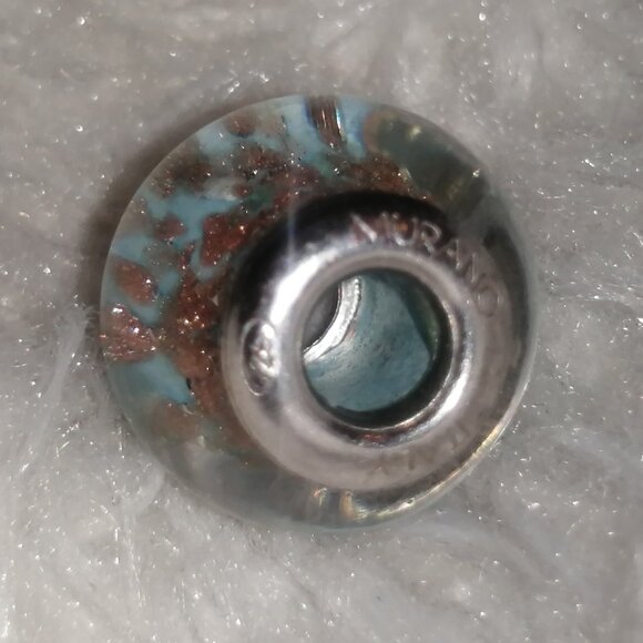Light Blue Murano Glass and Sterling Silver Bead/Charm with Copper Flecks - Picture 5 of 7